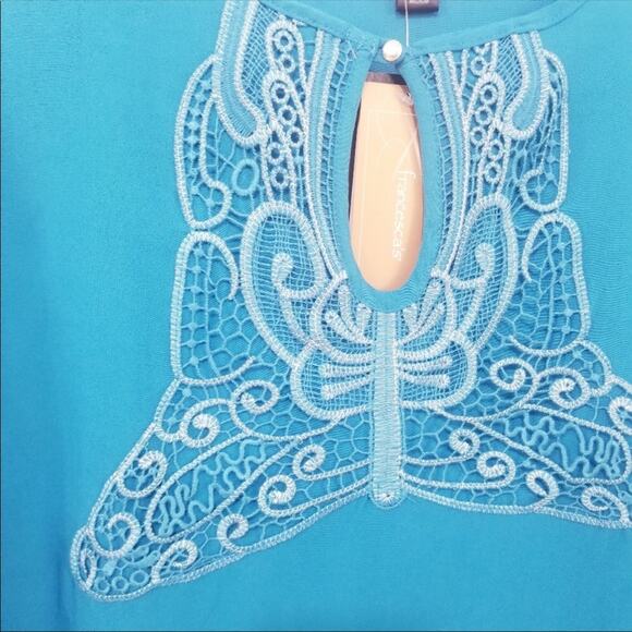 Veronica & Stella Teal Embroidered Keyhole Top Coastal Grandma Bohemian - Picture 2 of 7